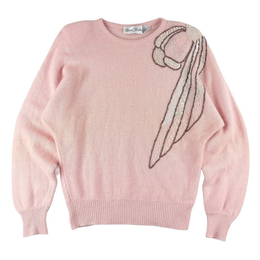 VTG Marisa Christina Beaded Bow Sweater Lambswool Angora Womens M Pink Coquette